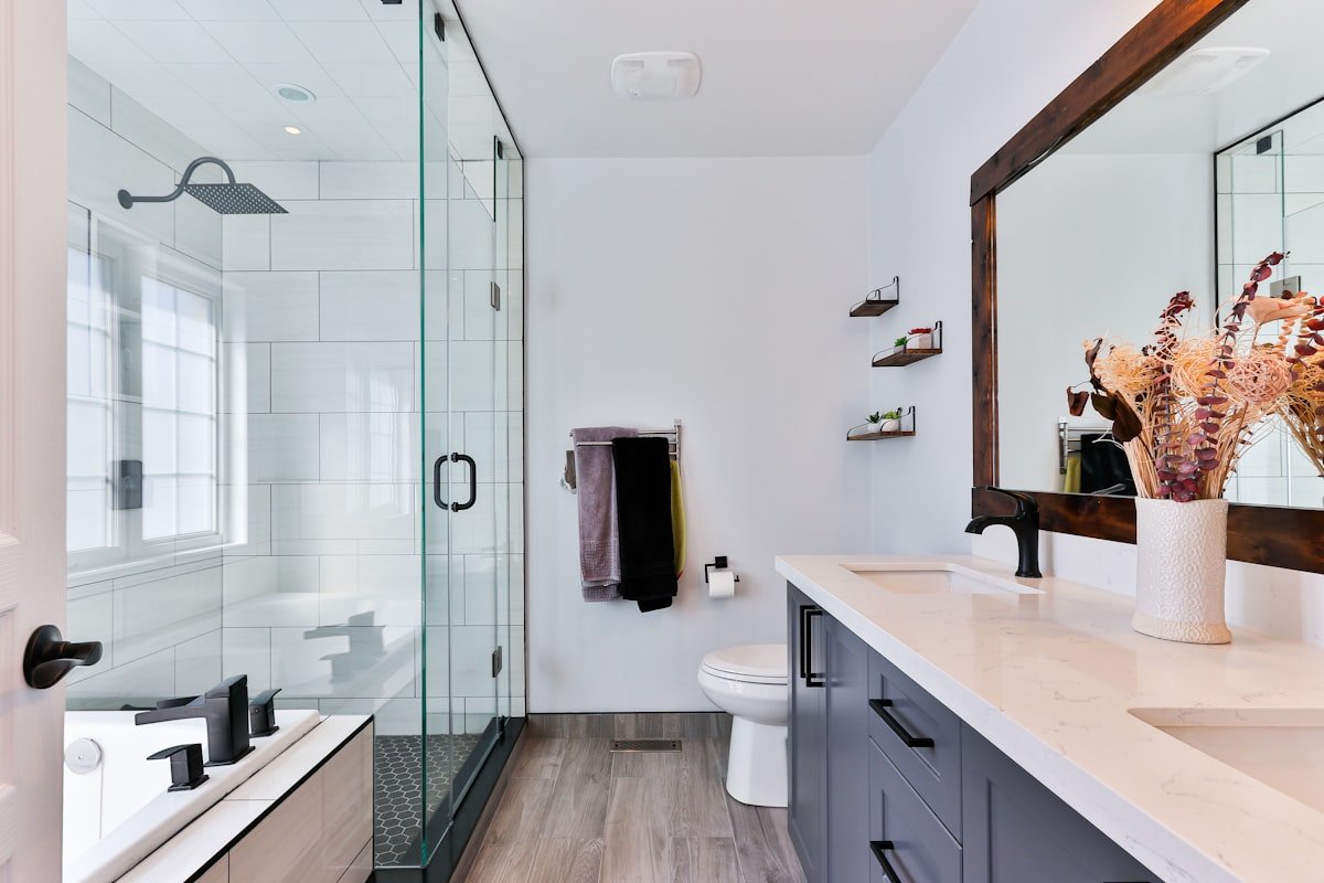 Modern attached bathroom with hot water